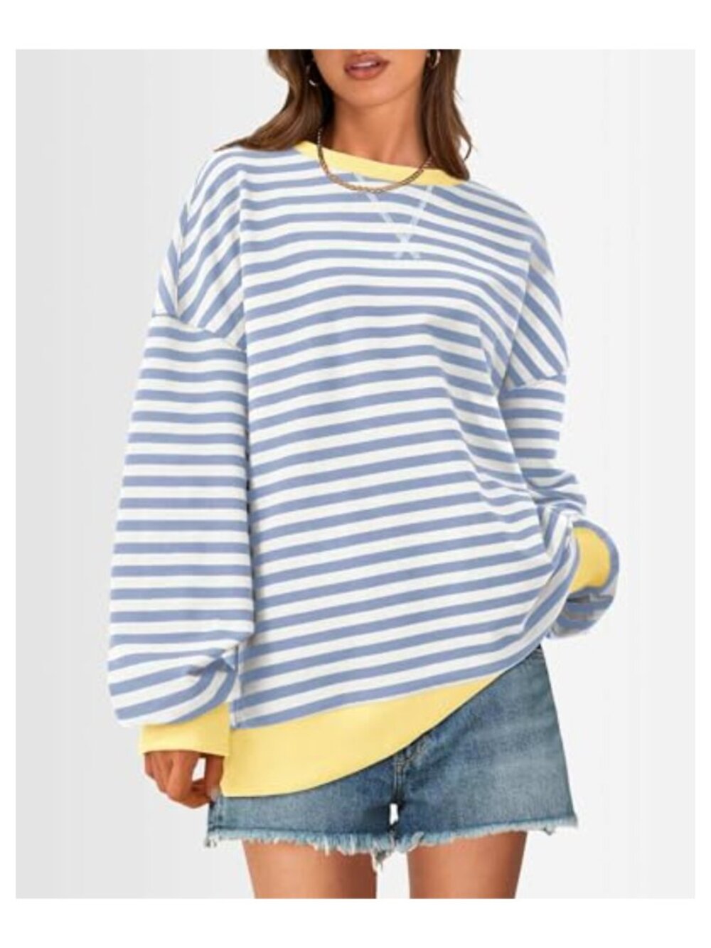 Oversized Striped Crewneck Sweatshirt Long Sleeve Loose Fit Casual Pullover - Picture 2 of 6